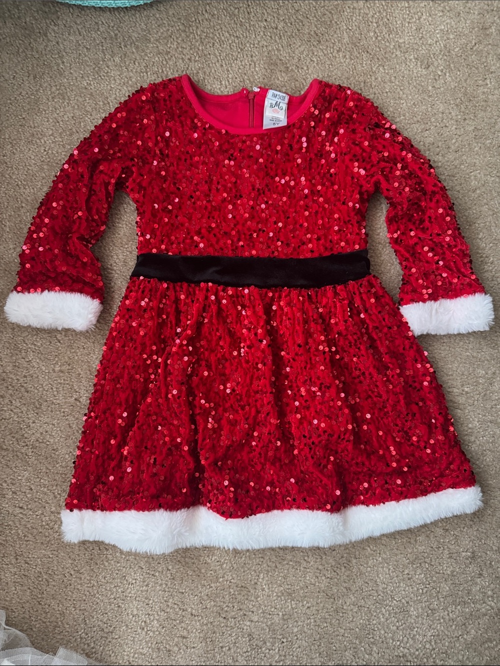 Girls Red Sequin Holiday Dress with Black Velvet Waistband